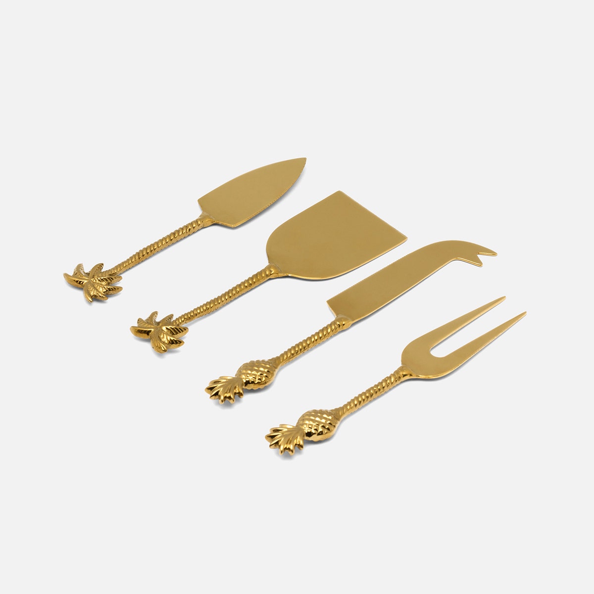 Crawford Polished Gold Palm Tree/Pineapple Set Of 4 Cheese Knives Stainless Steel/Brass Boxed