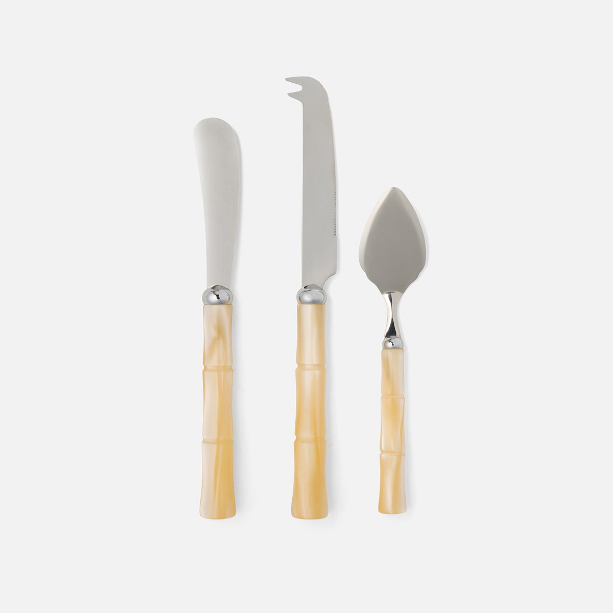 Lulu Ivory/Polished Silver Bamboo Set Of 3 Cheese Knives Acrylic/Stainless Steel Boxed