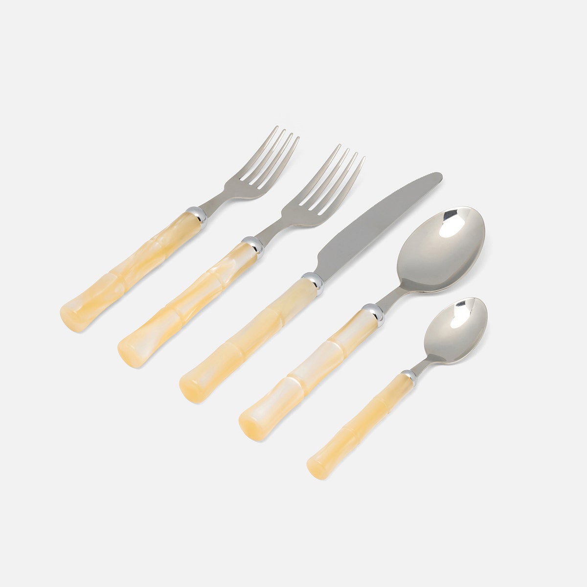 Lulu Ivory/Polished Silver Bamboo 5-Piece Set: Knife Dinner Fork Salad Fork Soup Spoon Tea Sp