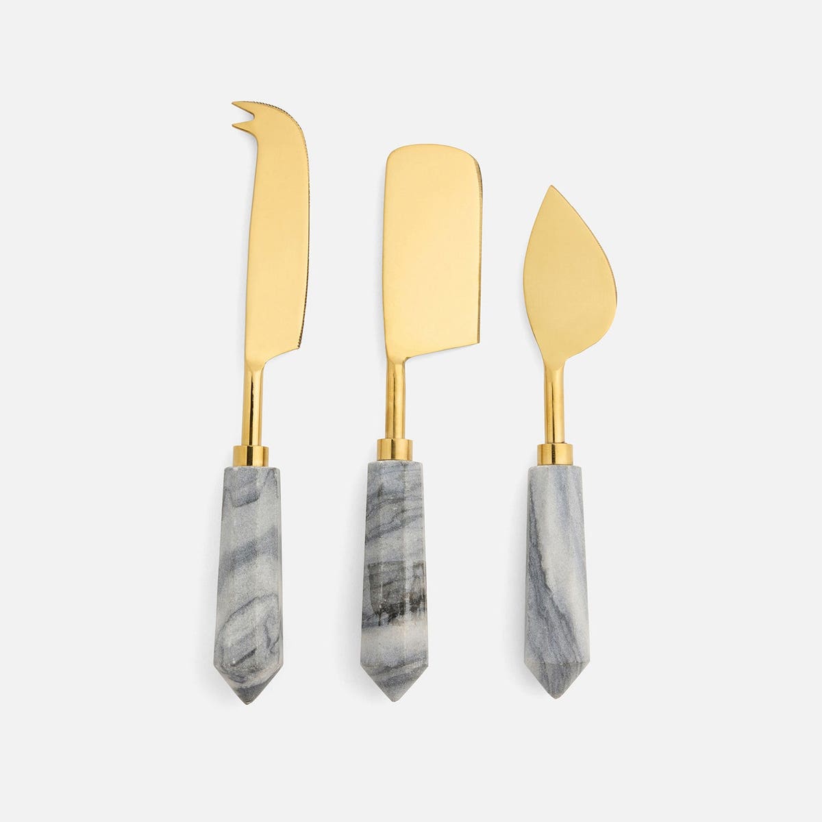 Priscilla Gray/Polished Gold Set Of 3 Cheese Knives Stainless Steel/Marble Boxed