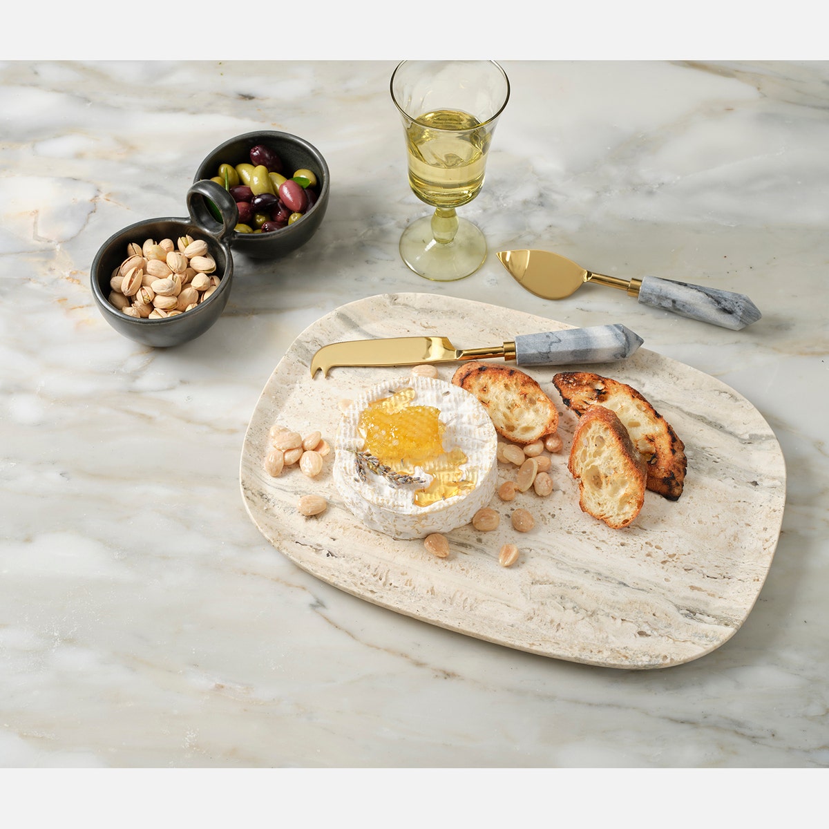 Priscilla Gray/Polished Gold Set Of 3 Cheese Knives Stainless Steel/Marble Boxed