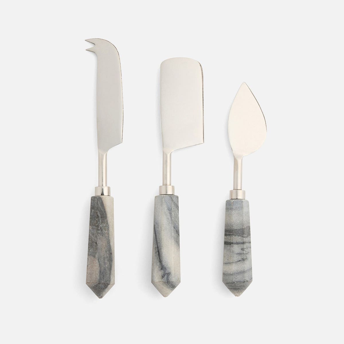 Priscilla Gray/Polished Silver Set Of 3 Cheese Knives Stainless Steel/Marble Boxed