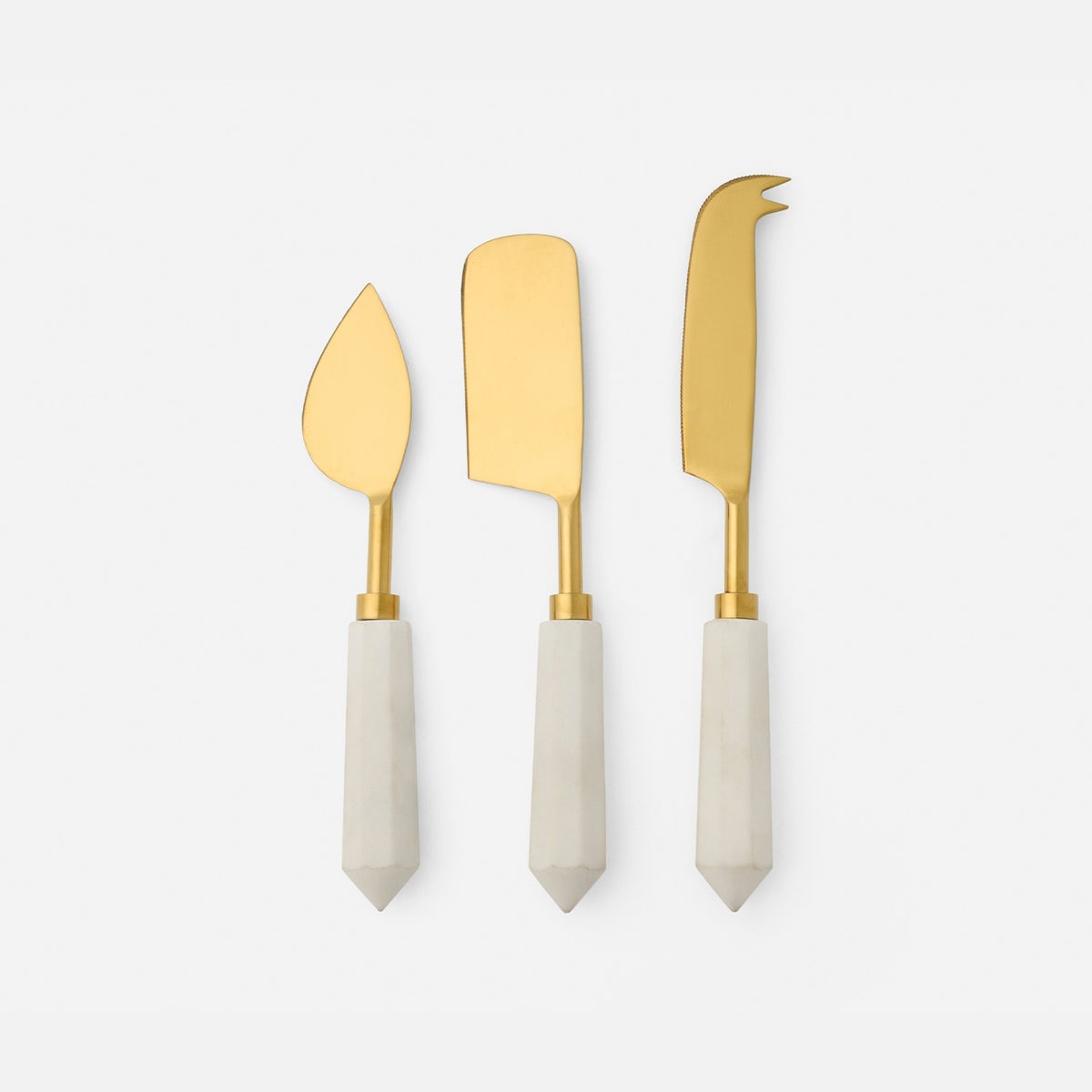 Priscilla White/Polished Gold Set Of 3 Cheese Knives Stainless Steel/Marble Boxed