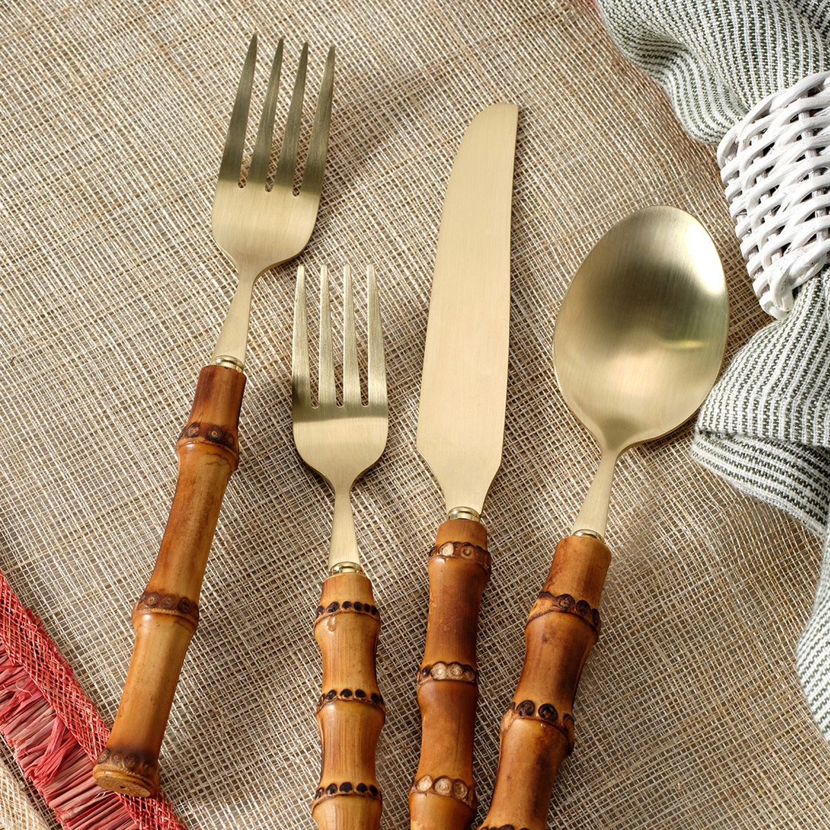 Zoya Matte Gold/Natural Flatware 5-Piece Set: Knife Dinner Fork Salad Fork Soup Spoon Tea Spo