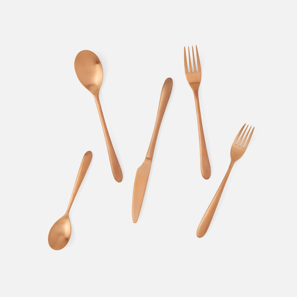 Alba Rose Gold Flatware 5-Piece Set: Knife Dinner Fork Salad Fork Soup Spoon Tea Spoon