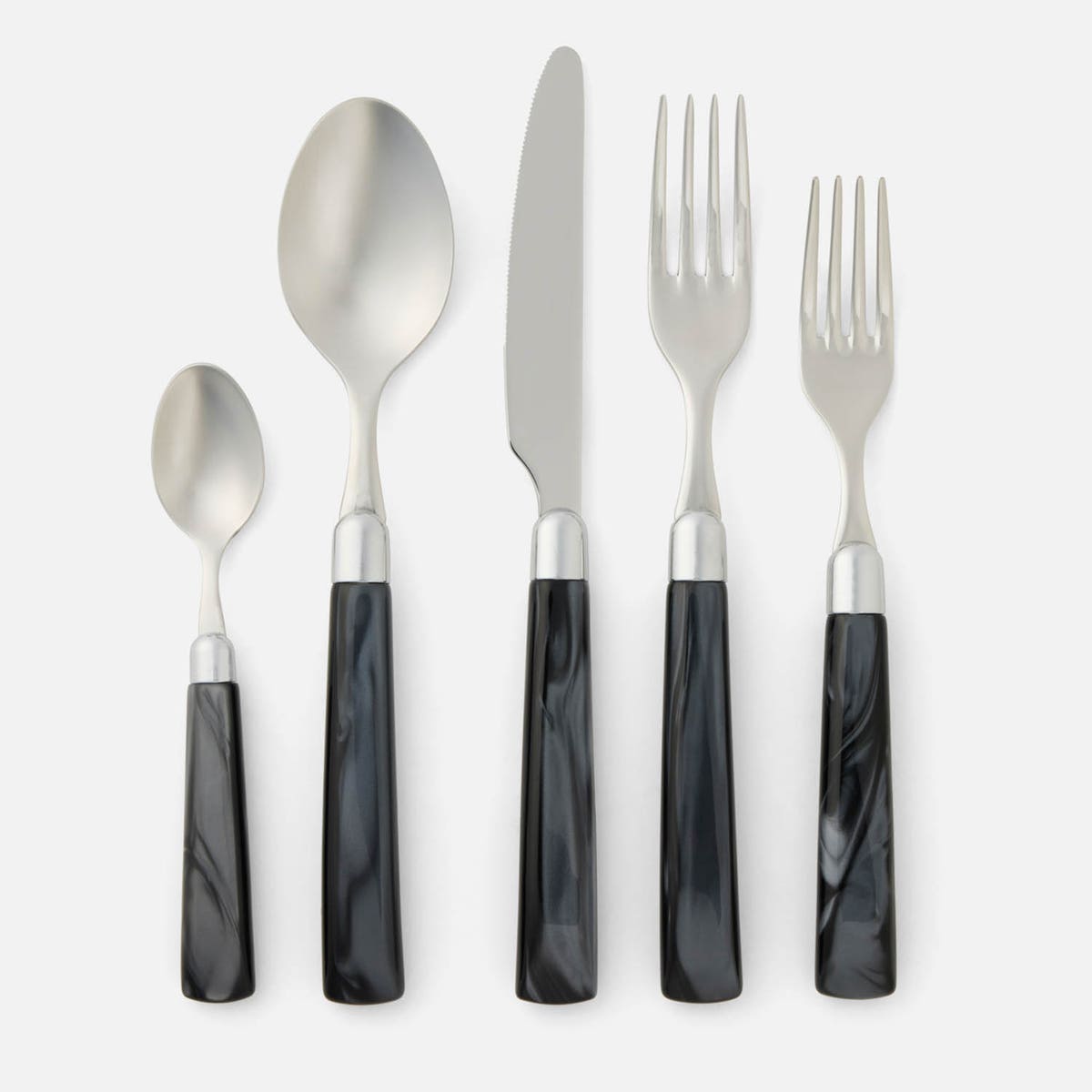 Colson Black/Polished Silver 5-Piece Set: Knife Dinner Fork Salad Fork Soup Spoon Teaspoon St
