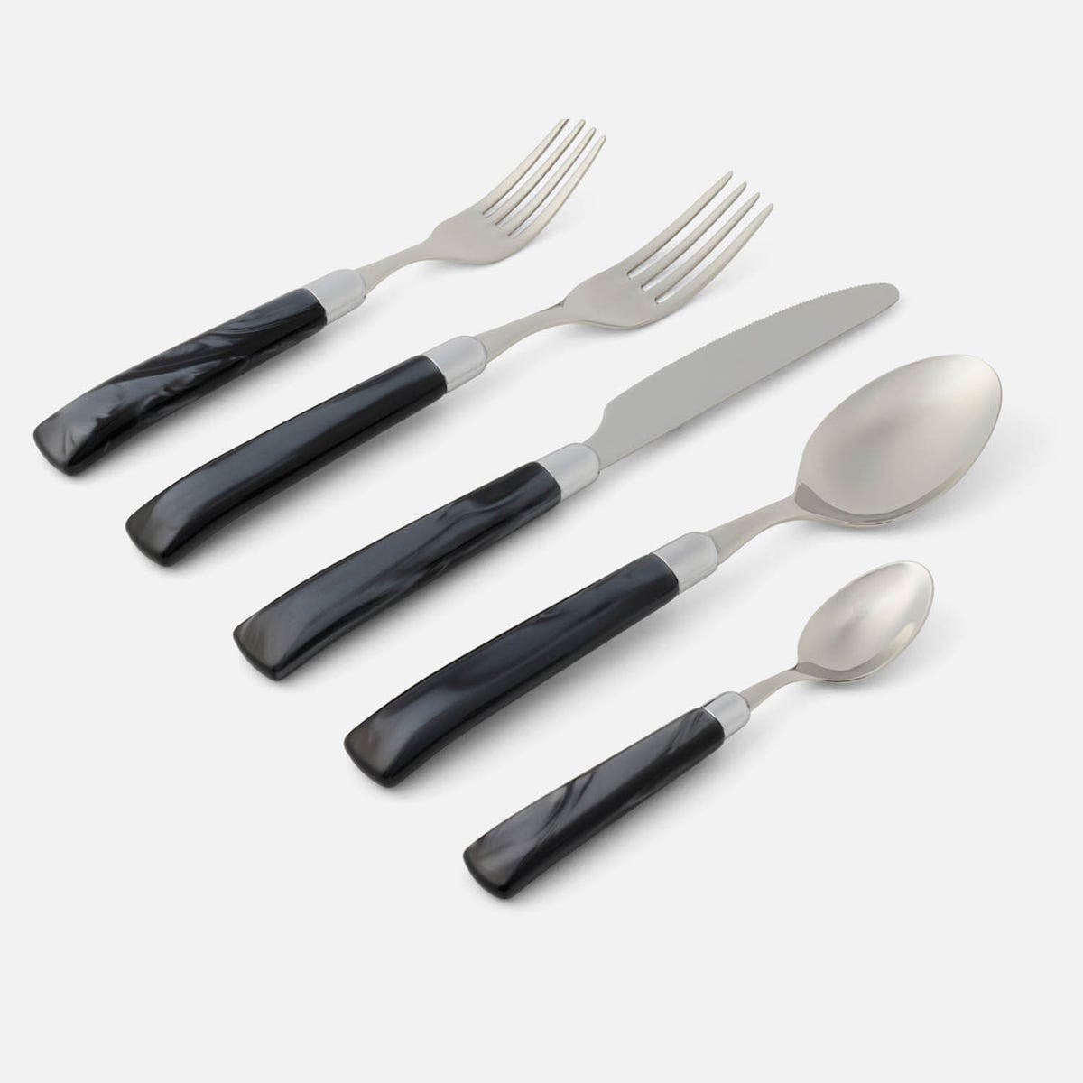 Colson Black/Polished Silver 5-Piece Set: Knife Dinner Fork Salad Fork Soup Spoon Teaspoon St