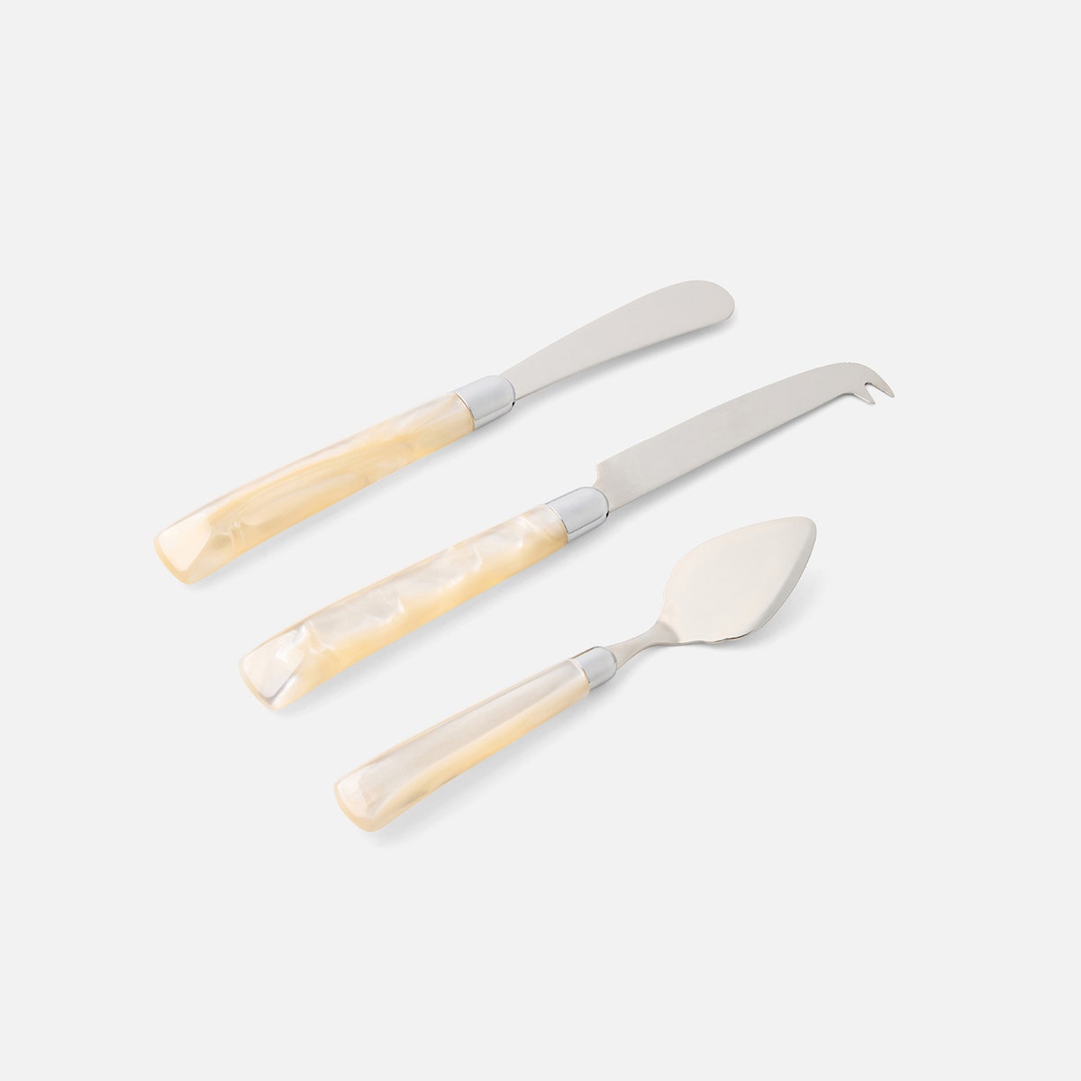 Colson Ivory/Polished Silver Set Of 3 Cheese Knives Acrylic/Stainless Steel Boxed