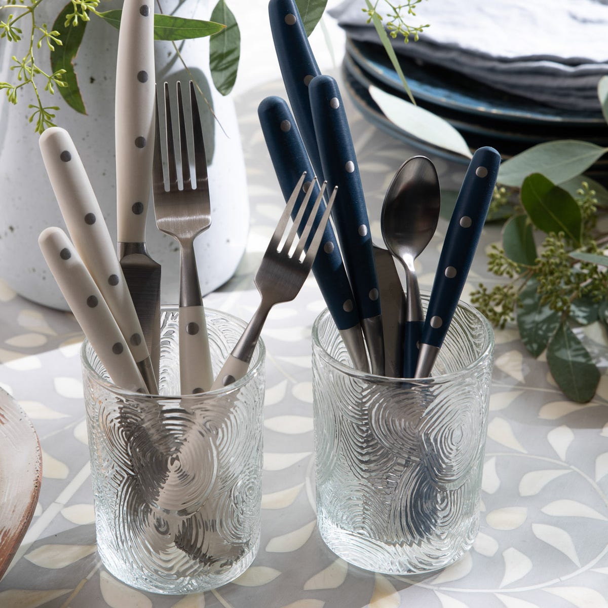 Jones Blue Pom Handle/Silver Stainless Steel Flatware 5-Piece Set