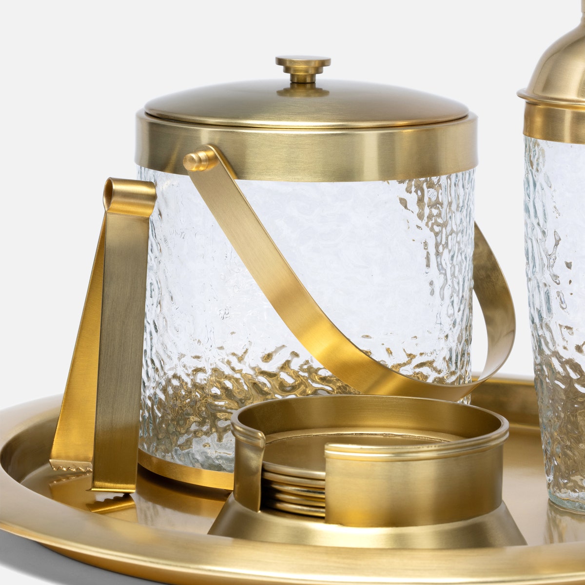 Allegra Clear/Gold Round Ice Bucket W/ Tongs Hammered Glass/Matte Brass