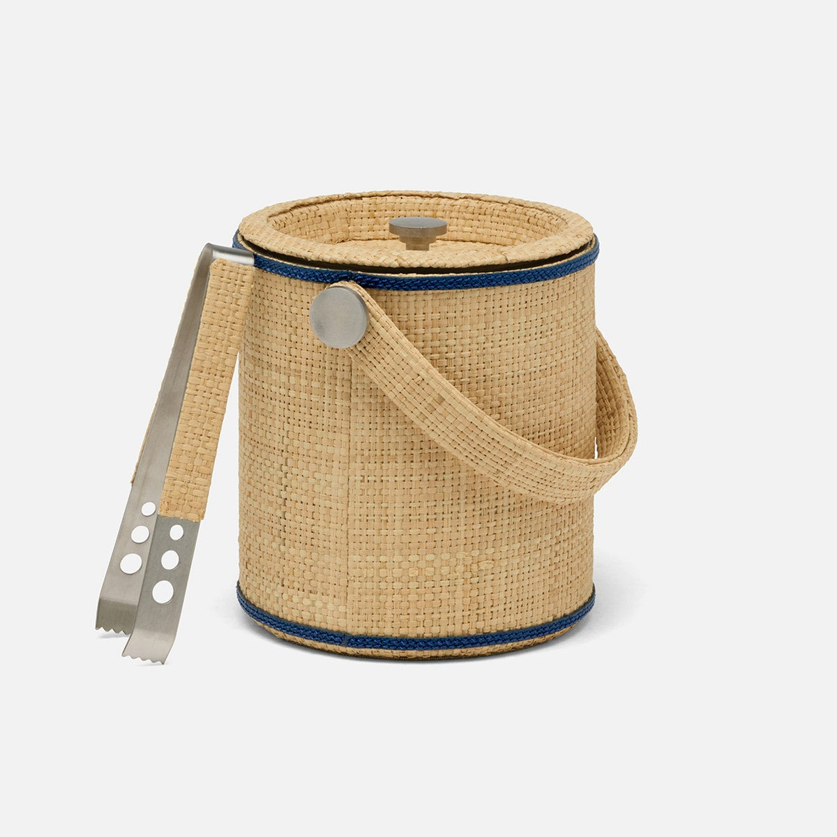 Gable, Natural/Navy, Silver, Ice Bucket W/ Tongs, Round, Raffia/Leather