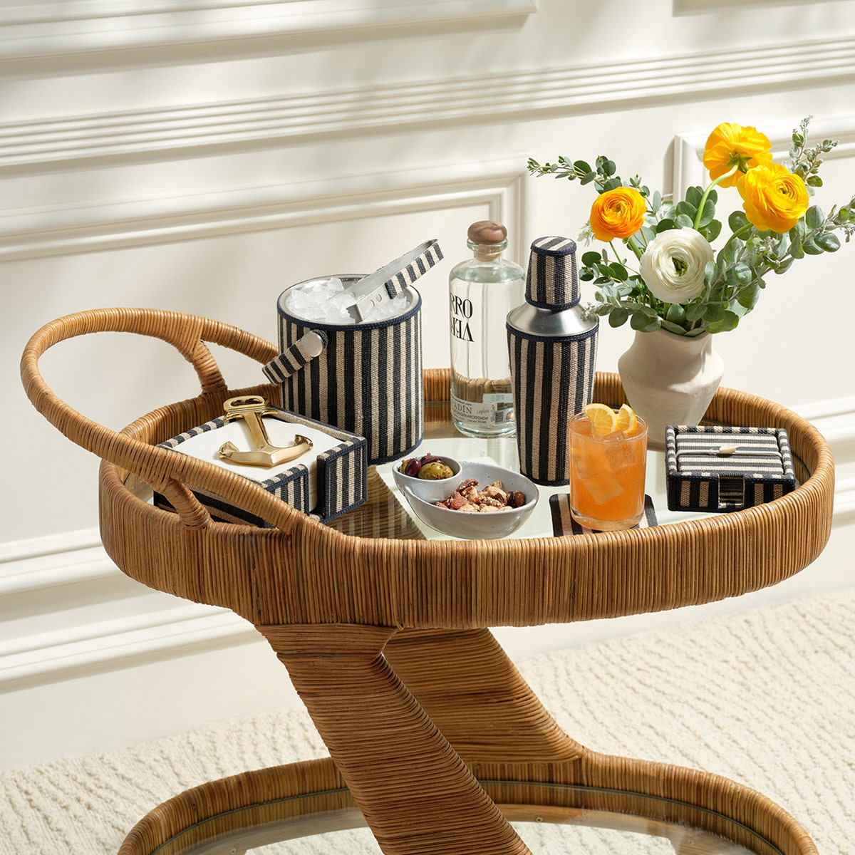 Martello Navy/Natural Striped Cocktail Napkin Holder Cotton Jute/Leather Pack/2