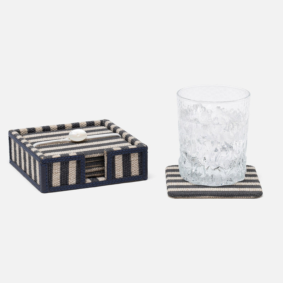 Martello Navy/Natural Striped Coaster Set Of 6 Cotton Jute/Leather