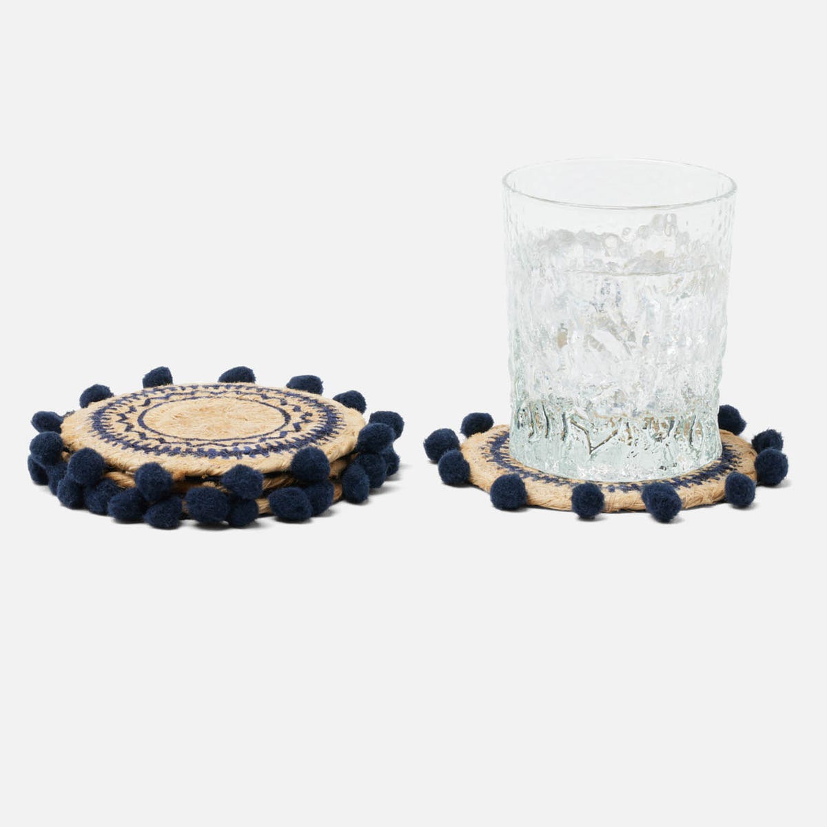 Giada Natural/Navy Pom Pom Set Of 4 Coasters Jute