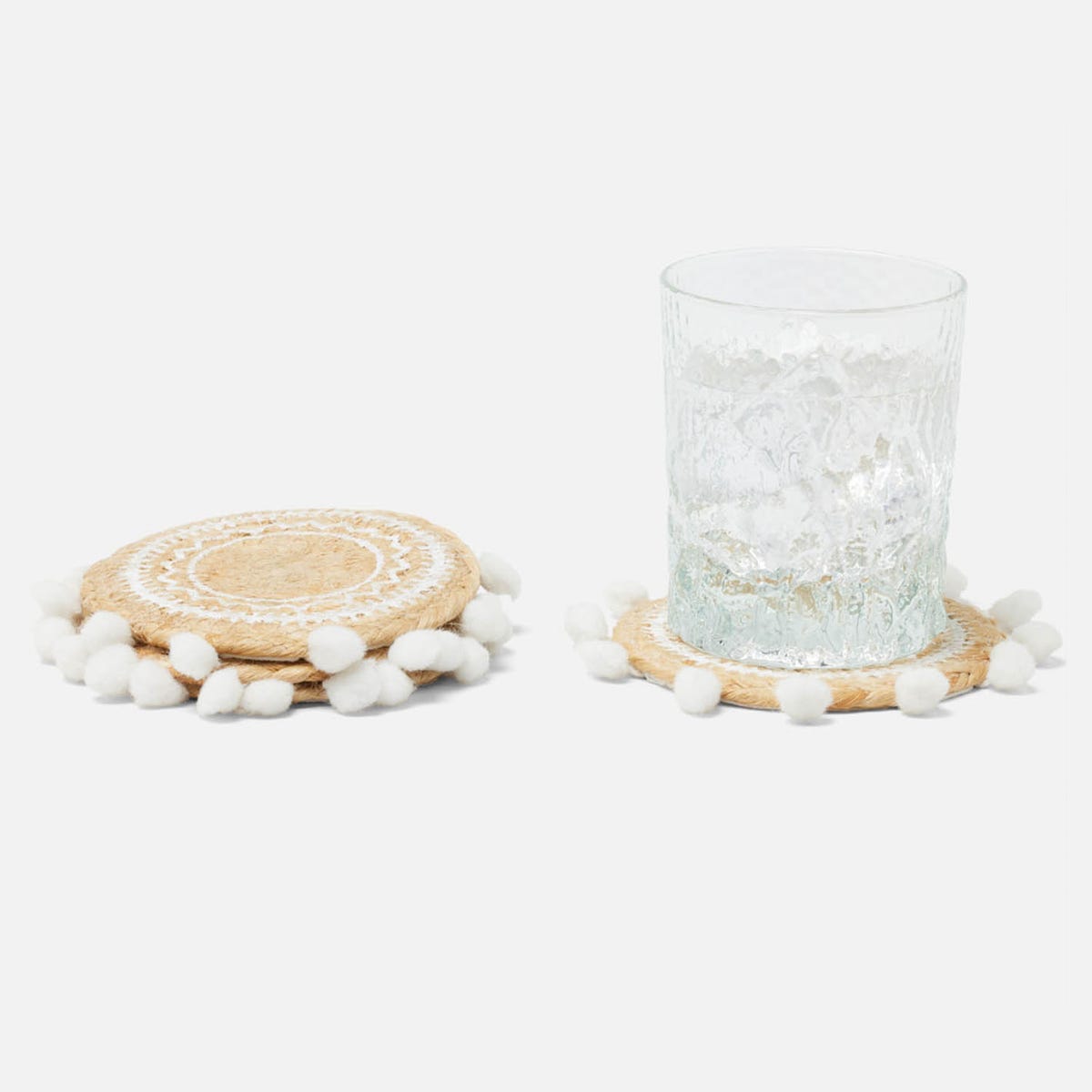 Giada Natural/White Pom Pom Set Of 4 Coasters Jute