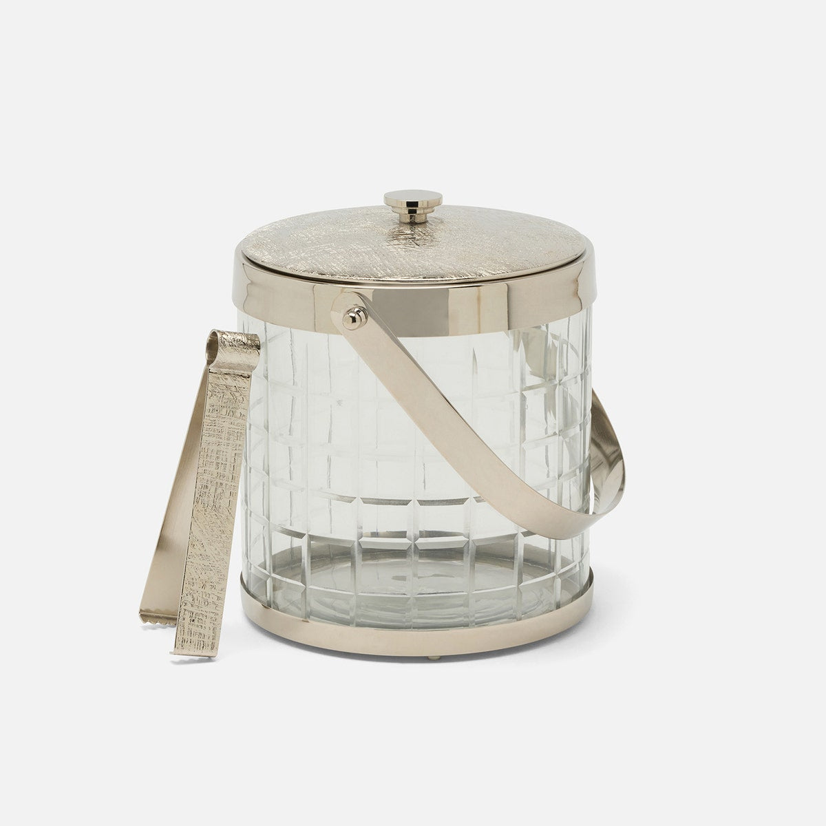 Sevasti, Shiny Nickel, Square Etched, Ice Bucket W/ Tongs, Stainless Steel/Glass