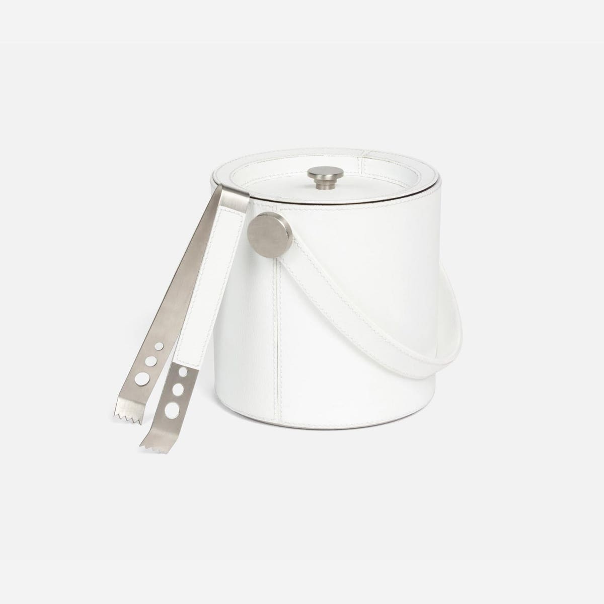 Brisbane Bright White Ice Bucket W/ Tongs Round Marine Leather