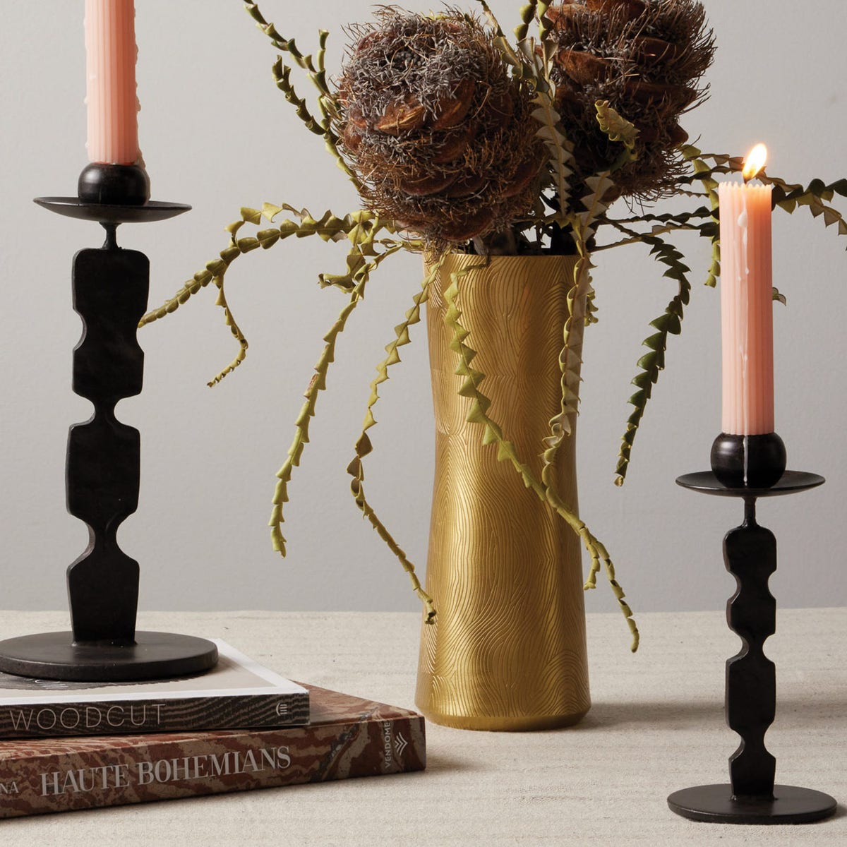 Quentin Antique Black Candle Holders With Round Base Set/2