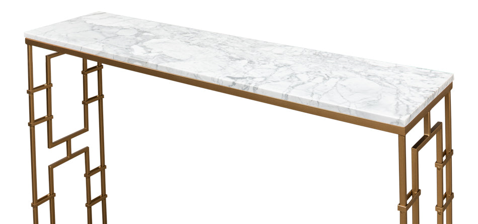 Brass Gate Console Table W/ Wht Marble-SARREID-SARREID-53134-Console Tables-3-France and Son