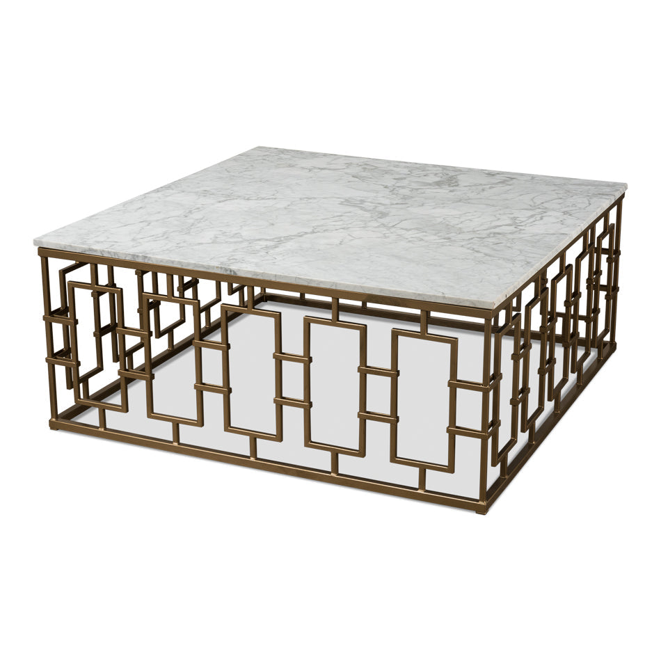 Brass Gate Cocktail Table w/ White Marble-SARREID-SARREID-53135-Coffee Tables-1-France and Son