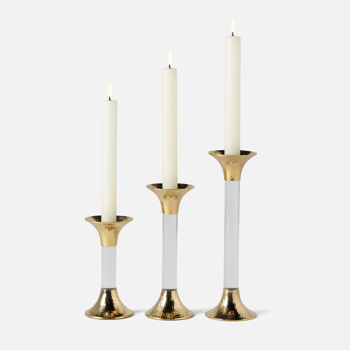 Leopold Lime/Gold Fluted Candle Holders Acrylic/Hammered Brass Set/3
