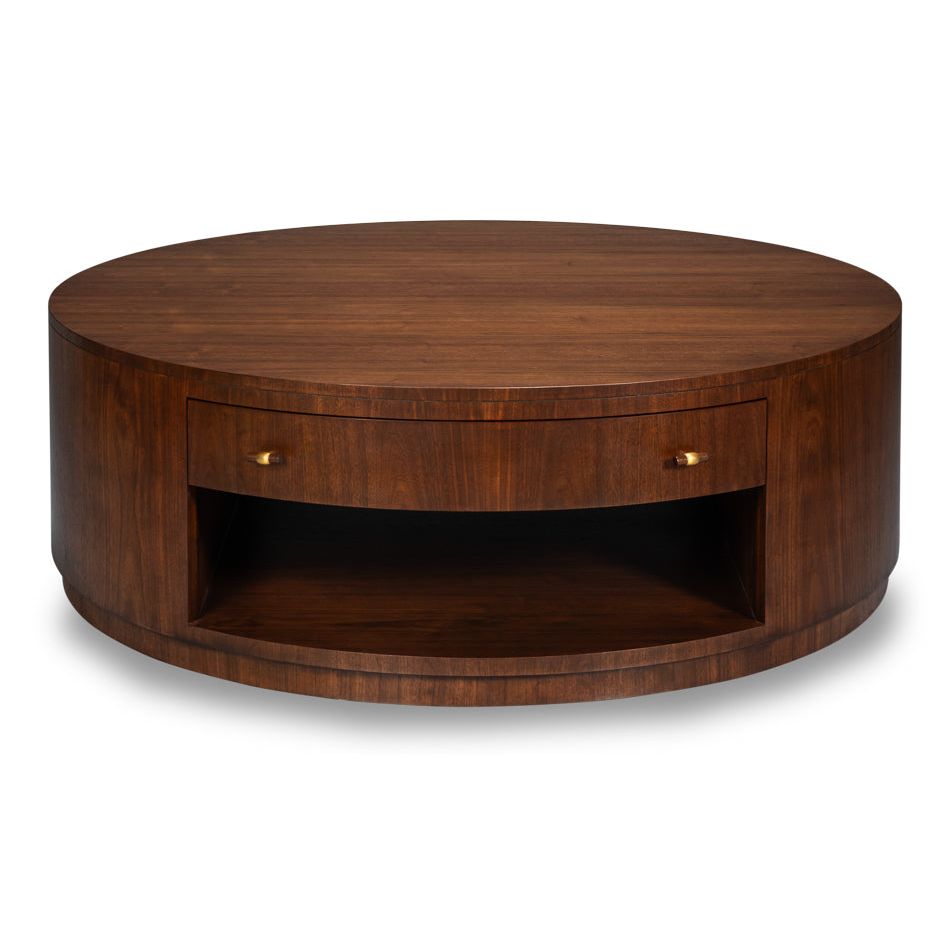 Vero Cocktail Table, shown in dark walnut brown and medium brown with wood and brass.
