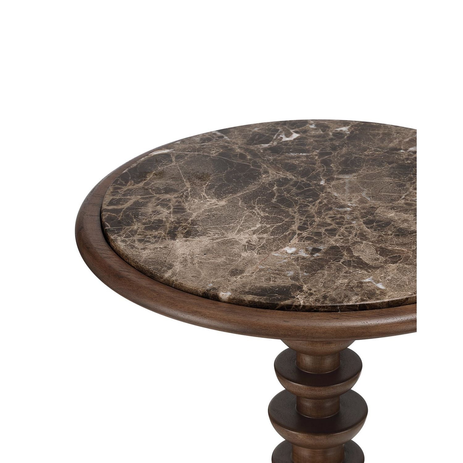 Alternate view of Steppe Accent Table, featuring smooth turned finish, wood, marble, and a round marble top.