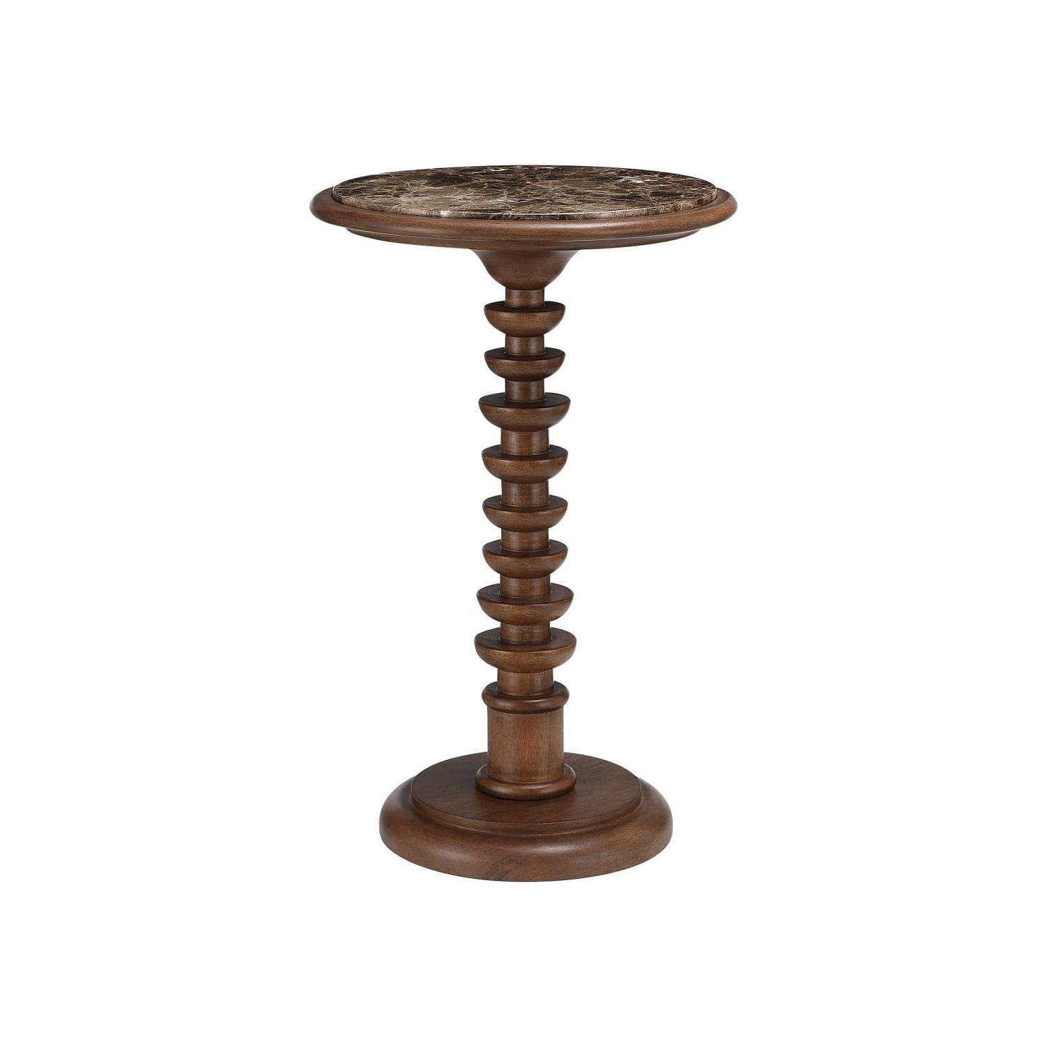 Steppe Accent Table, shown in brown and espresso with wood, marble, and a round marble top.