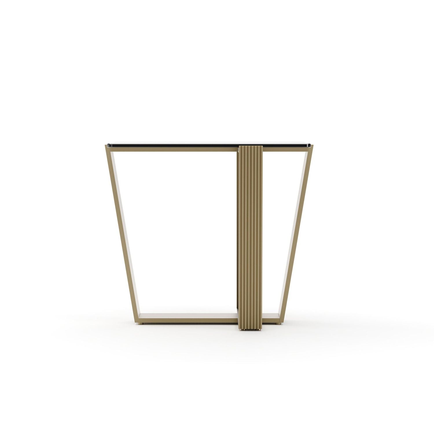 Counter Balance Side Table, shown in champagne gold and black with metal, glass, and fixed open metal base.
