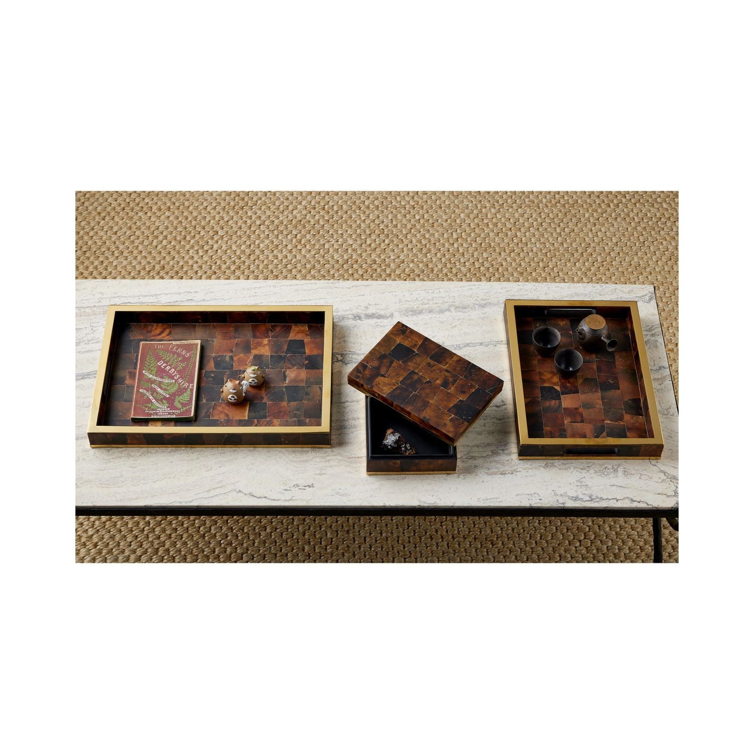 Additional view of Casey Tray Set of 2 in amber brown and dark tortoiseshell brown, featuring nesting set of two trays.