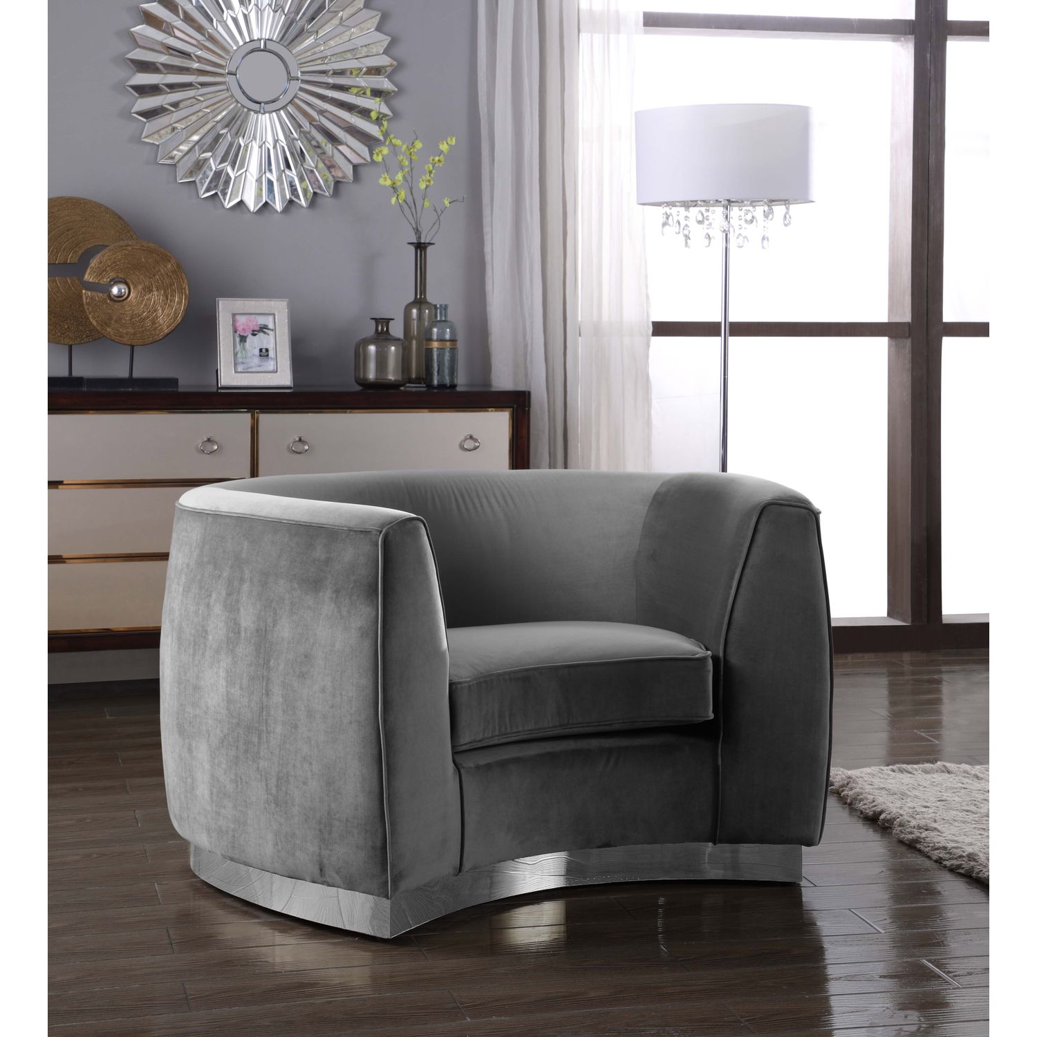 Julian Velvet Upholstered Chair — Grey / Chrome