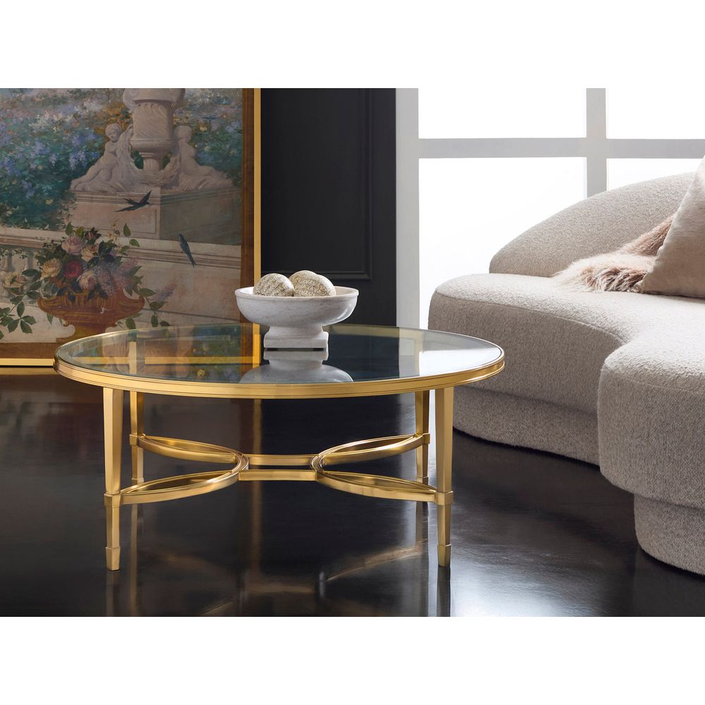 Alternate view of Brielle Round Cocktail Table, featuring metal, glass, and fixed round glass top.