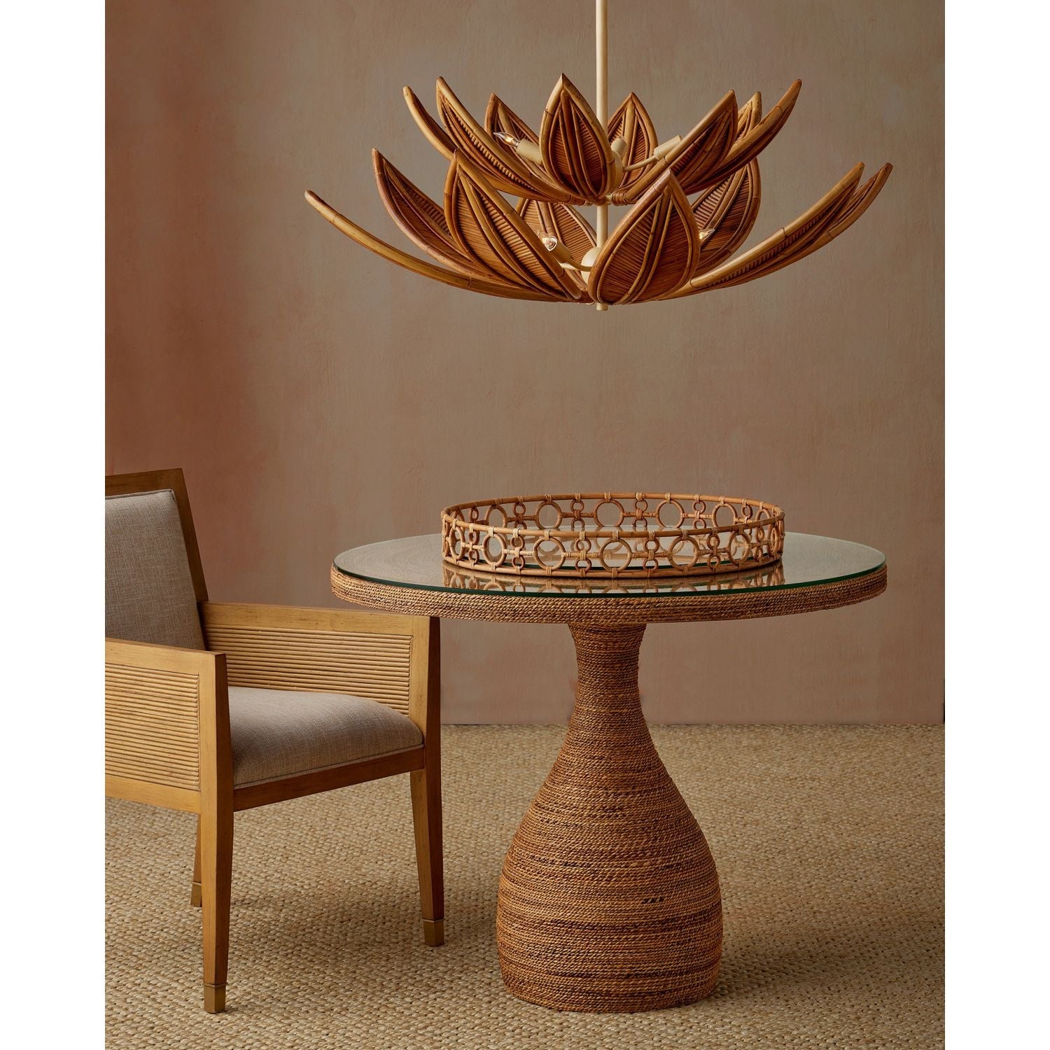 Additional view of Dominica Entry Table in natural brown and tan, featuring woven finish and a glass top.