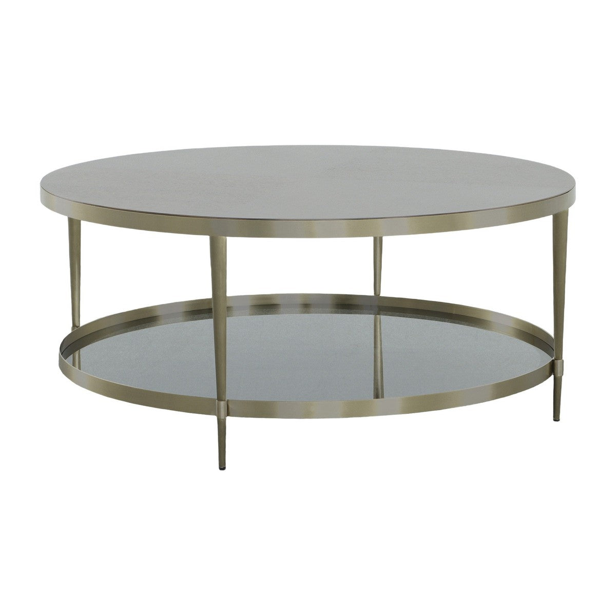 Libby Langdon Marlowe Tiered Round Cocktail Table - Smoked Stone - Stainless Steel, Walnut Solids and Veneers