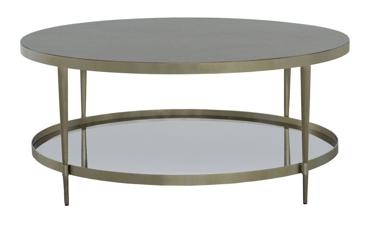 Libby Langdon Marlowe Tiered Round Cocktail Table - Smoked Stone - Stainless Steel, Walnut Solids and Veneers