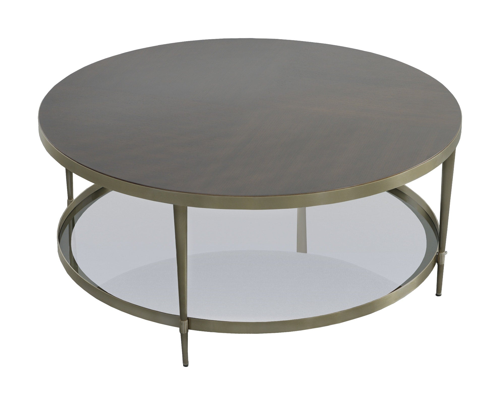 Libby Langdon Marlowe Tiered Round Cocktail Table - Smoked Stone - Stainless Steel, Walnut Solids and Veneers