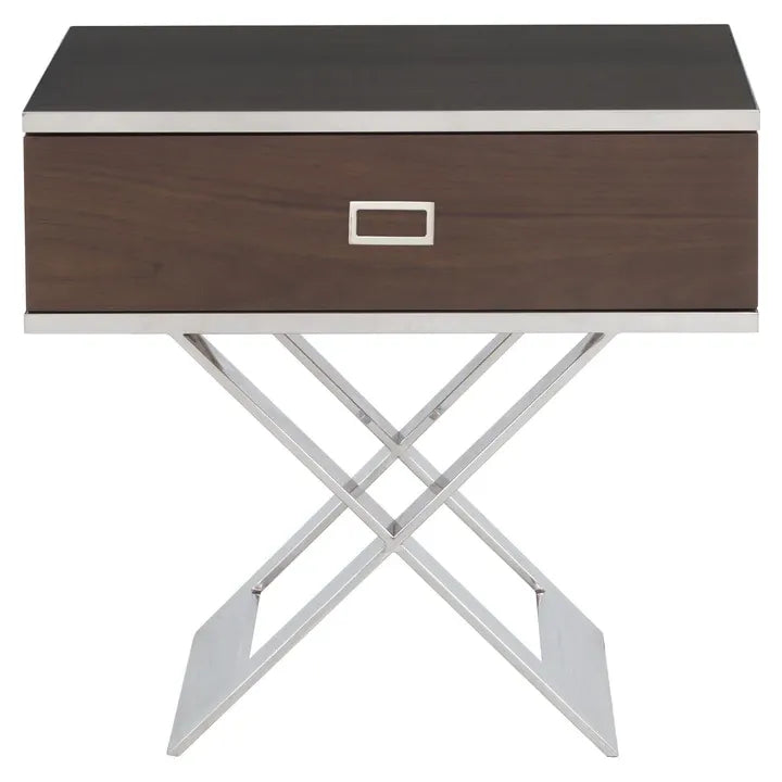 Libby Langdon Carlson End Table, shown in dark espresso brown and medium walnut brown with wood and metal.