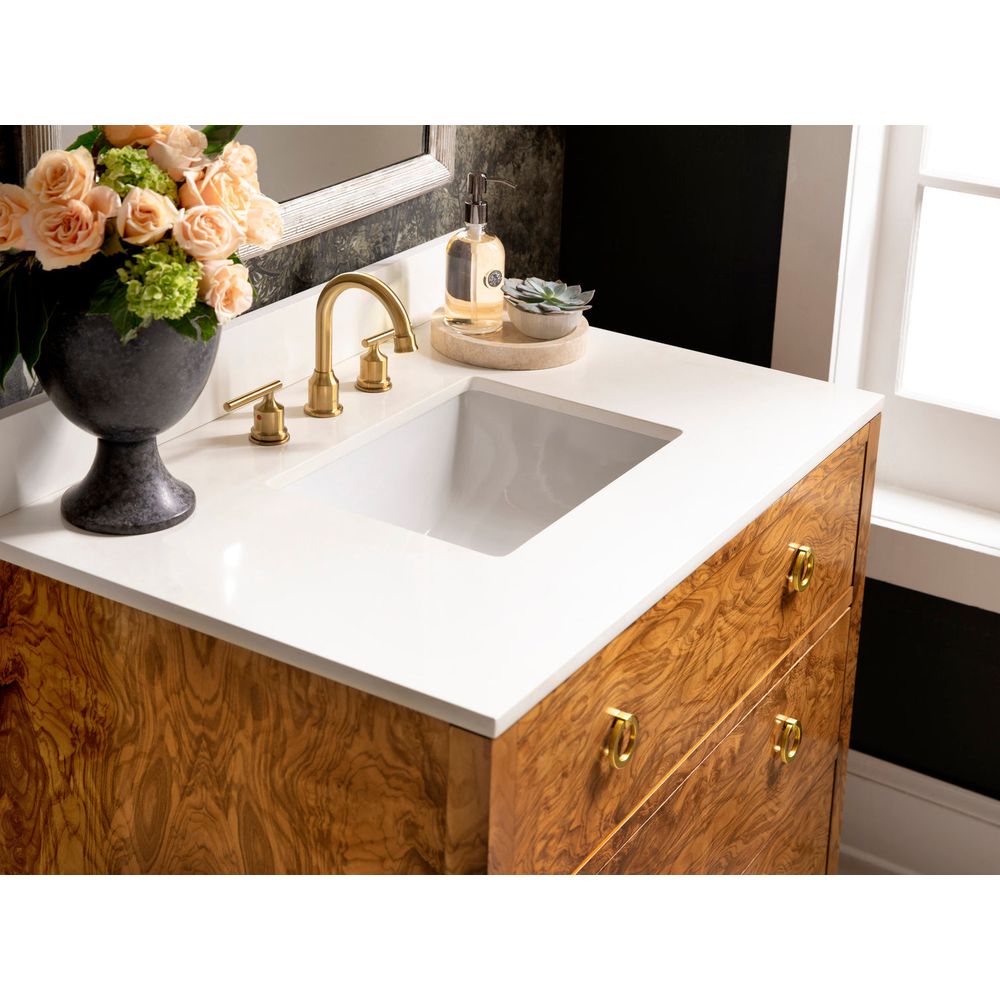 Alternate view of Olive Ashe Burl Vanity with White Marble Top in amber brown and honey gold.