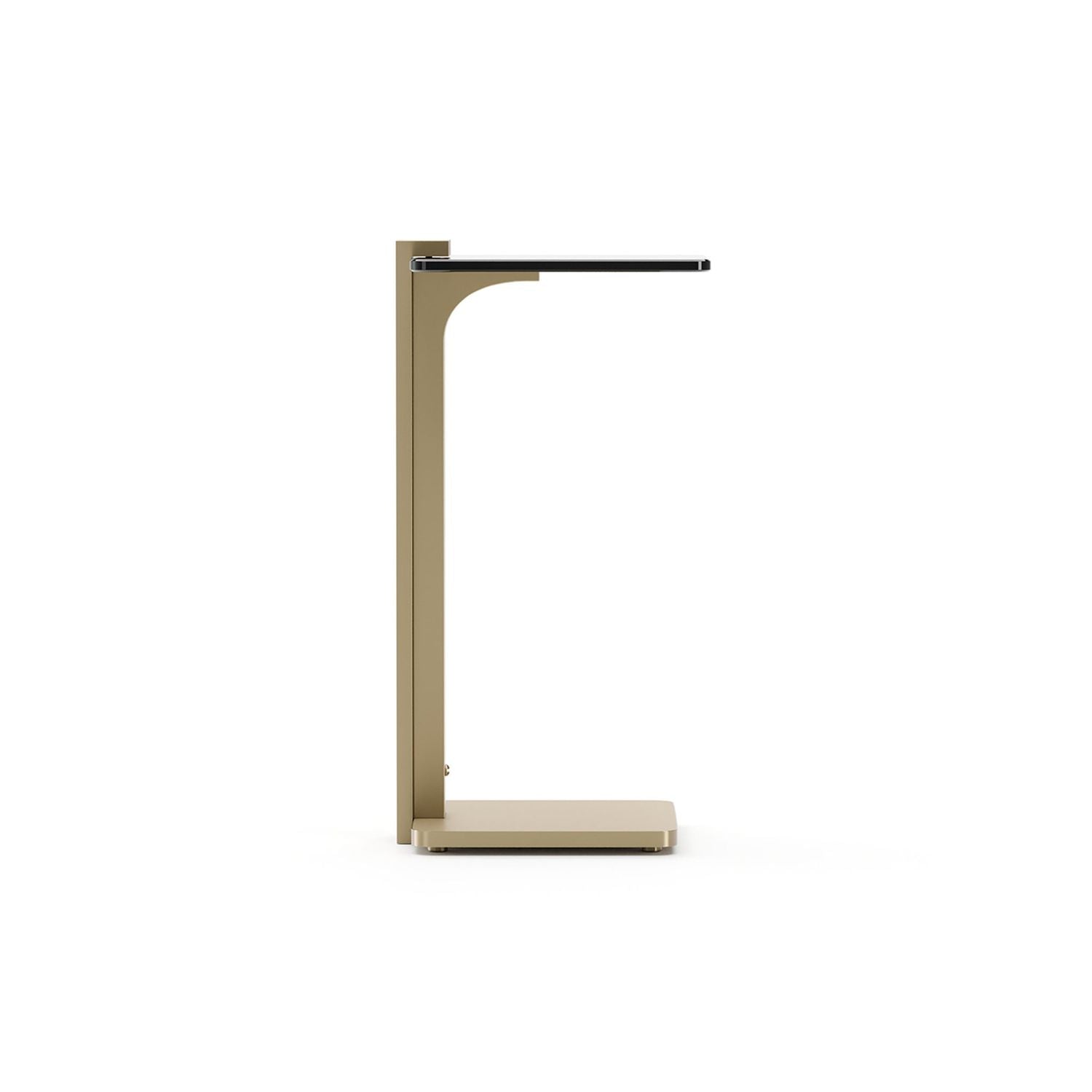 Counter Balance Spot Table, shown in champagne gold and bronze-tinted glass with metal and glass.