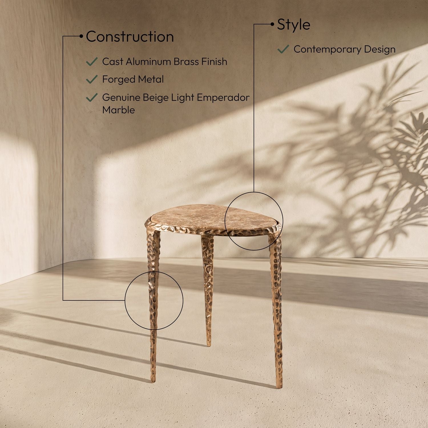Gild Genuine Marble Top And Aluminum Base End / Side Table — Beige / Brushed Brass