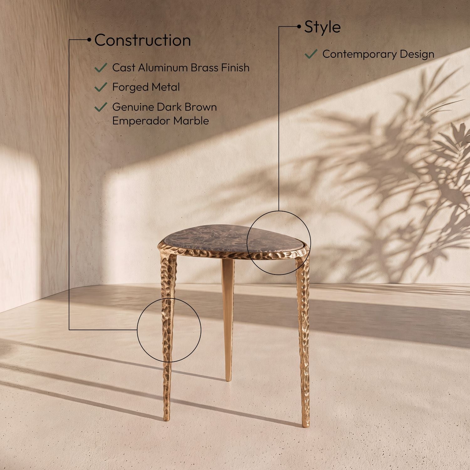 Gild Genuine Marble Top And Aluminum Base End / Side Table — Brown / Brushed Brass