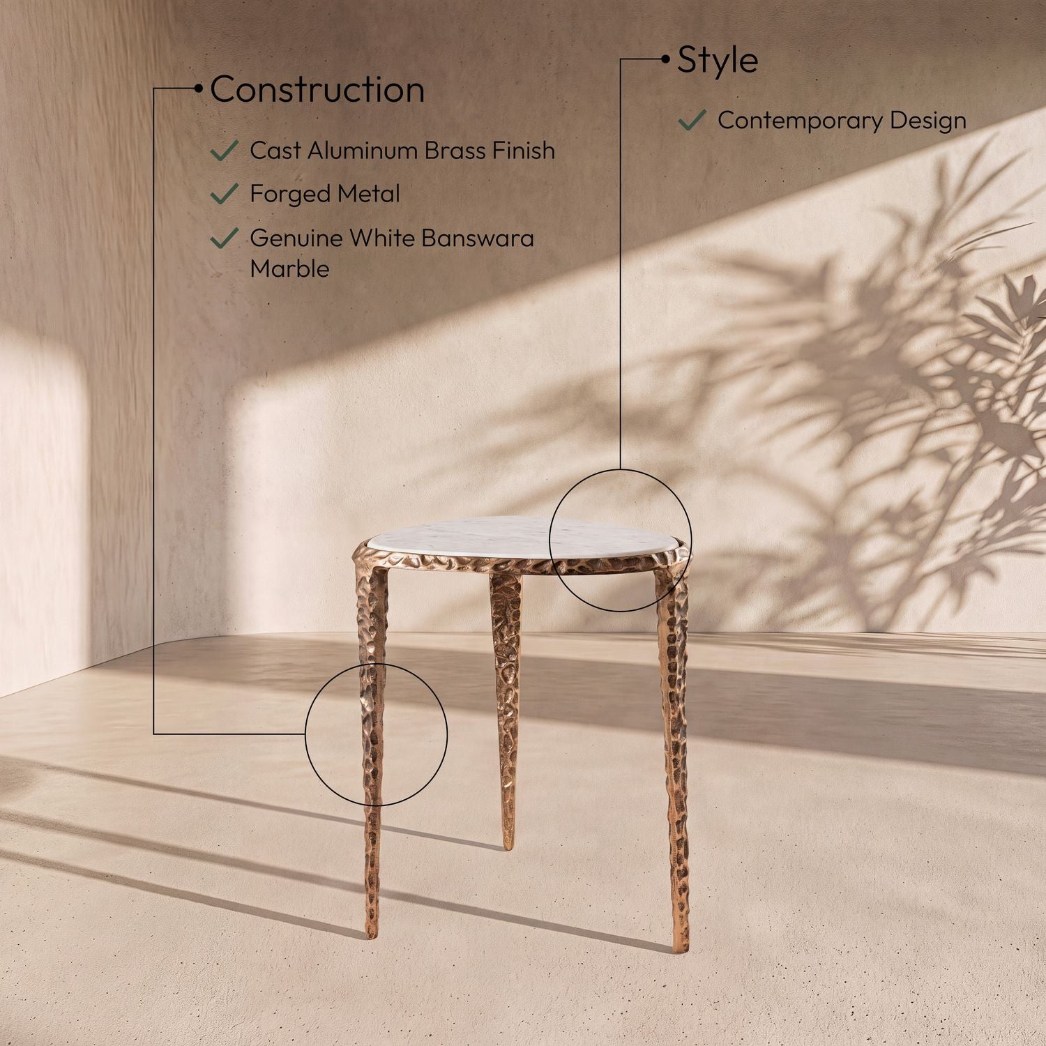 Gild Genuine Marble Top And Aluminum Base End / Side Table — White / Brushed Brass