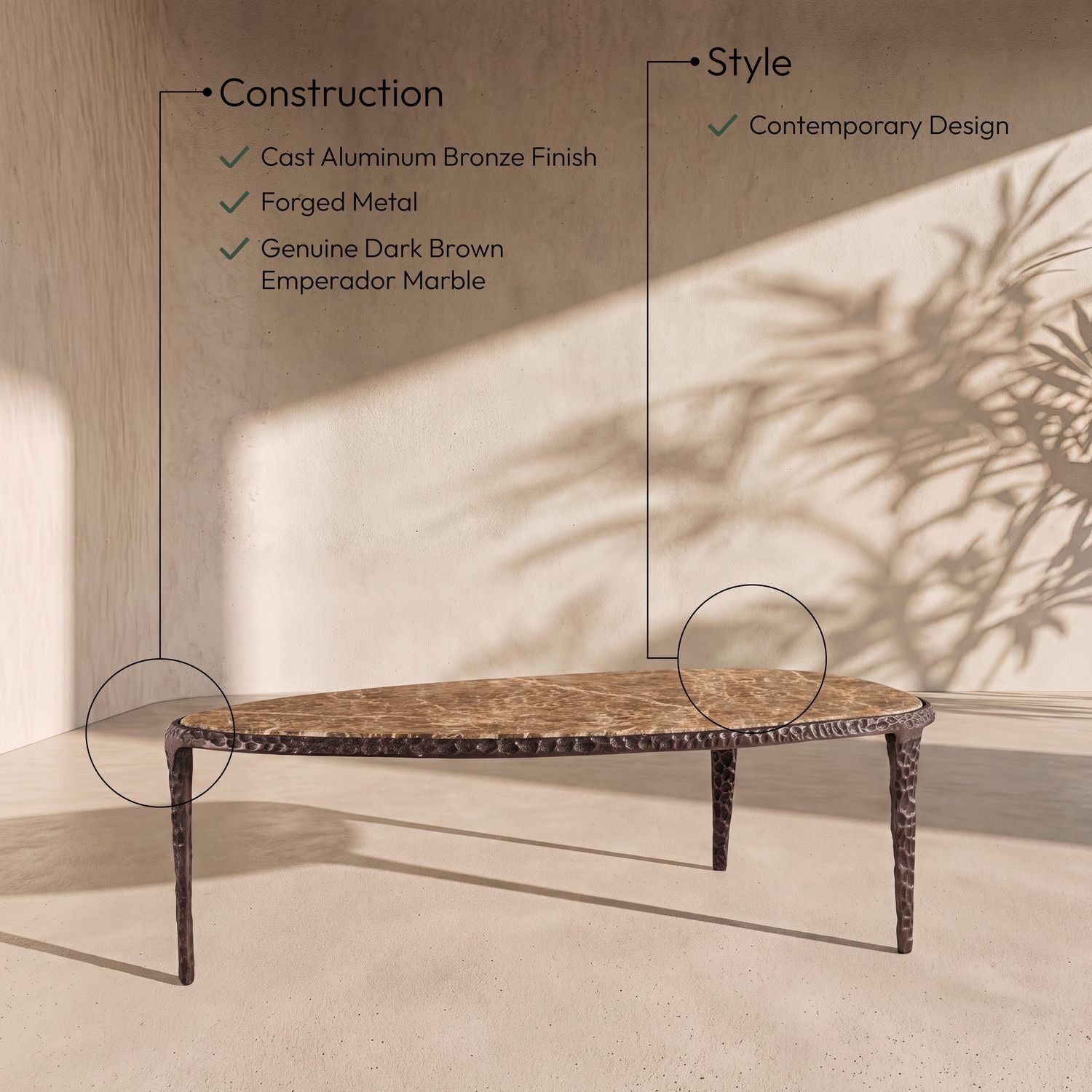 Gild Genuine Marble Top And Aluminum Base Coffee Table — Brown / Bronzed Bronze