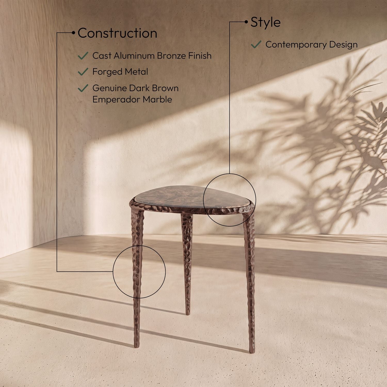 Gild Genuine Marble Top And Aluminum Base End / Side Table — Brown / Bronzed Bronze