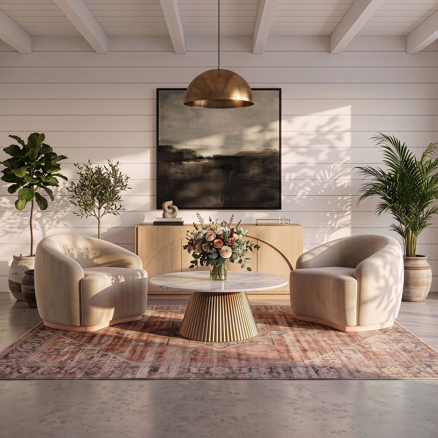 Cindra Genuine Marble Top And Iron Base Coffee Table — White / Brushed Brass