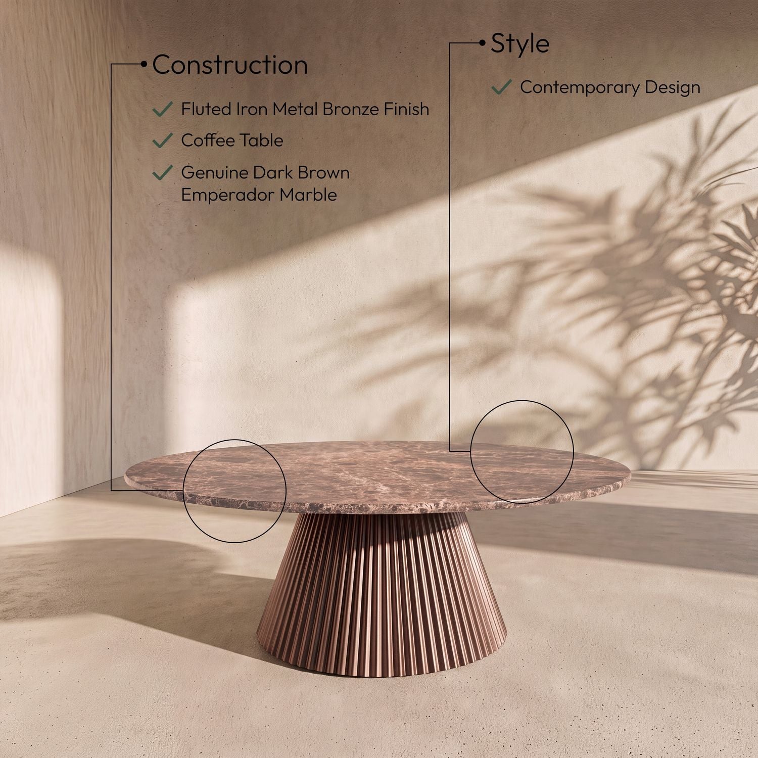 Cindra Genuine Marble Top And Iron Base Coffee Table — Brown / Bronzed Bronze