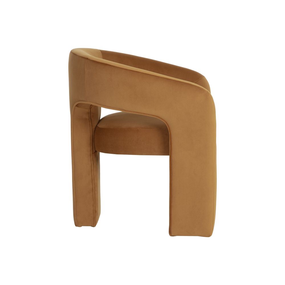 Additional view of Isidore Dining Armchair in mustard gold and camel, featuring soft pile finish and fixed continuous arms.