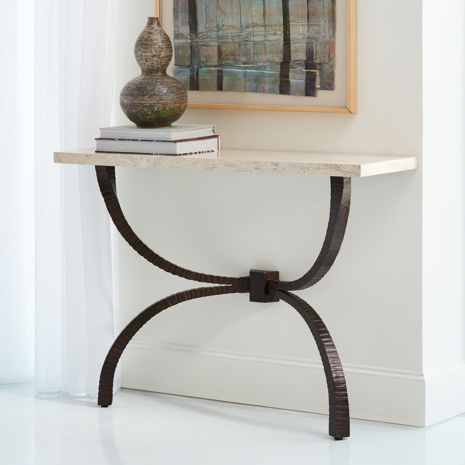 Teton Console-Global Views-GVSA-7.90651-Console TablesBronze With Travertine Top-1-France and Son
