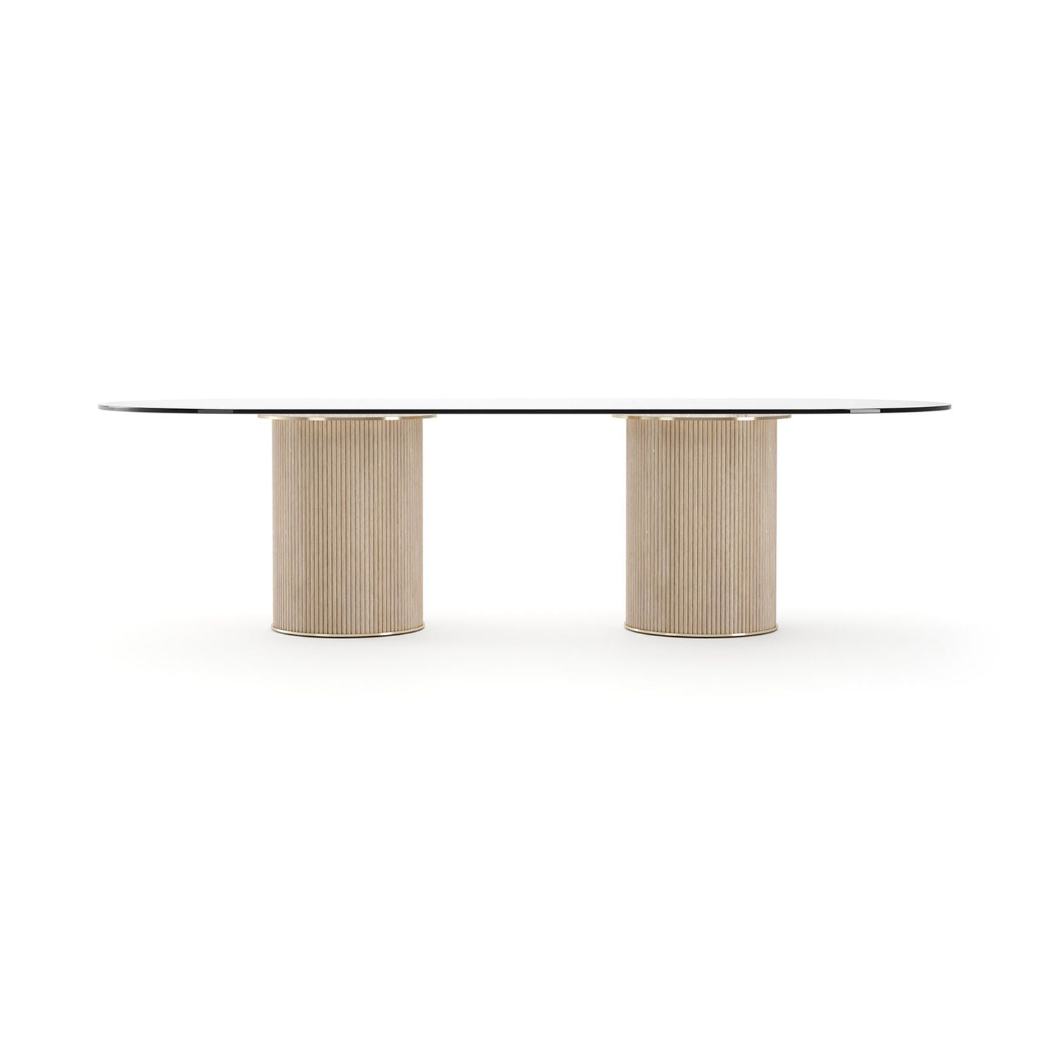 Rhythm Oval Glass Top Dining Table 106, shown in clear and beige with glass, wood, and dual fixed cylindrical pedestals.