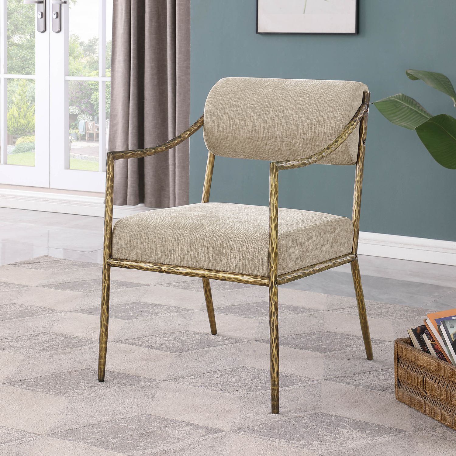 Bastille Chenille Fabric Upholstered Dining Arm Chair — Beige / Brushed Brass